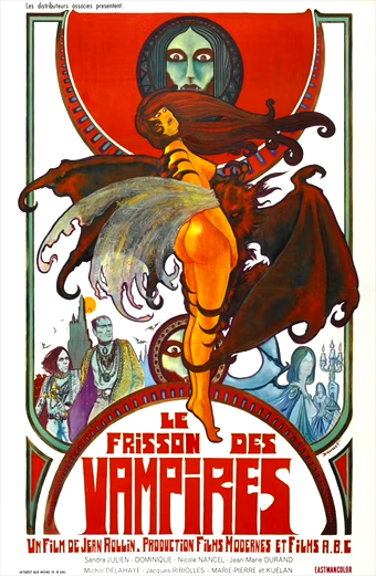 Locandina del film Violenza ad una vergine nella terra dei morti viventi 1970 diretto da Jean Rollin con una composizione surreale e inquietante che mostra una vampira in posa drammatica davanti a un castello gotico. La palette di colori è vivida con rossi e viola predominanti, creando un'atmosfera misteriosa e disturbante. Sulla locandina compare il titolo in italiano: Violenza ad una vergine nella terra dei morti viventi. Il tono generale è onirico e inquietante.
