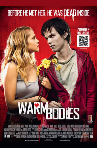 Locandina del film Warm Bodies con una giovane donna dai lunghi capelli biondi che tiene in mano fiori gialli appassiti e si trova vicina a un giovane con felpa rossa e maglietta grigia. Lo sfondo è rosso con una texture consumata. In alto si legge Prima di incontrarla era morto dentro. Sul lato destro c'è un codice QR e la frase Anche gli zombie hanno bisogno di amore. Il titolo Warm Bodies è in basso in grandi lettere bianche. Il tono è romantico e leggermente cupo.