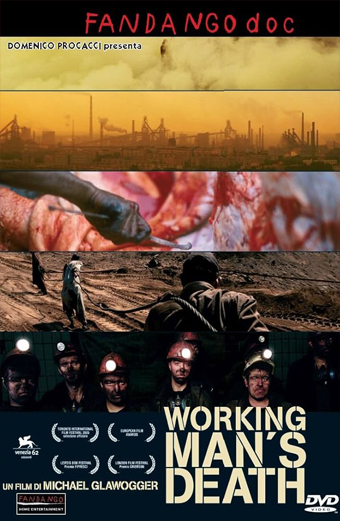 Locandina del film Working Mans Death. La locandina è suddivisa in strisce orizzontali che mostrano paesaggi industriali, lavoratori in ambienti difficili e scene di lavoro manuale. Il tono visivo è cupo e intenso. Testi presenti: FANDANGO doc, Working Mans Death, Un film di Michael Glawogger e diversi riconoscimenti di festival cinematografici.
