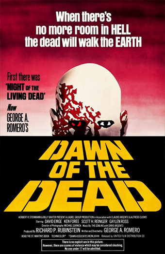 Locandina del film Zombi del 1978 diretto da George A Romero. La locandina mostra la testa calva di uno zombi che emerge dall’oscurità con schizzi di sangue rosso sul volto, su uno sfondo rosso e nero. Il tono è cupo e inquietante. Il testo sulla locandina recita: Quando non ci sarà più posto all’INFERNO i morti cammineranno sulla TERRA. Prima c’era La notte dei morti viventi. Ora George A Romeros Zombi. In basso sono presenti i crediti del cast e della produzione. Un avviso in fondo dice: Anche se non ci sono scene di sesso esplicito in questo film, è destinato a un pubblico adulto. Alcuni contenuti possono risultare scioccanti. Non ci sono scene di sesso o nudità in questo film.