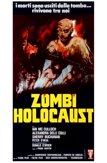 Manifesto horror italiano di Zombi Holocaust 1980 con una figura di zombi minacciosa dalla pelle in decomposizione e braccia sollevate, circondata da volti spaventati e toni drammatici di rosso e nero. Nel manifesto sono presenti i seguenti testi: i morti sono usciti dalla tomba... rivivono tra noi, Zombi Holocaust, Ian McCulloch, Alexandra Delli Colli, Sherry Buchanan, Peter ONeal, Donald OBrien e altri crediti. L'atmosfera generale è intensa e inquietante.