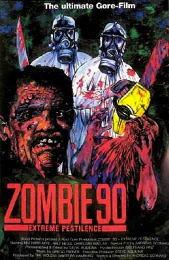 Locandina del film Zombie 90 Extreme Pestilence con due figure in maschere antigas e tute protettive davanti a uno sfondo macchiato di sangue, che tengono armi e una testa mozzata. L ambiente è caotico e cruento, trasmette una sensazione di orrore e violenza. In alto si legge la scritta The ultimate Gore-Film. Il titolo Zombie 90 Extreme Pestilence è in grandi lettere rosse in basso, con altri crediti del film in caratteri più piccoli.
